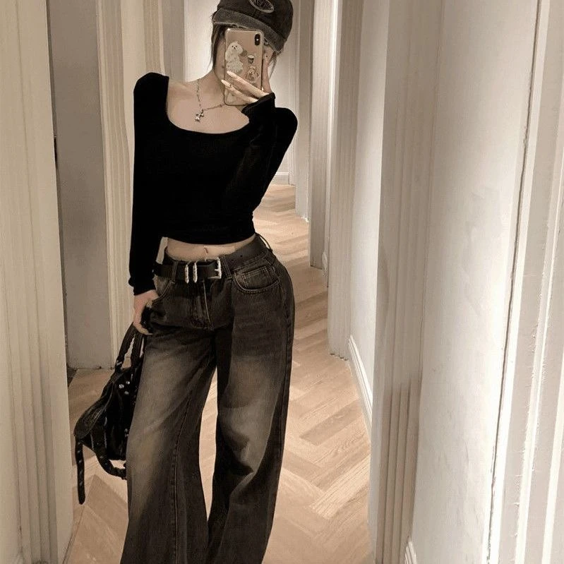 辣妹修身U型领露背黑色长袖T恤