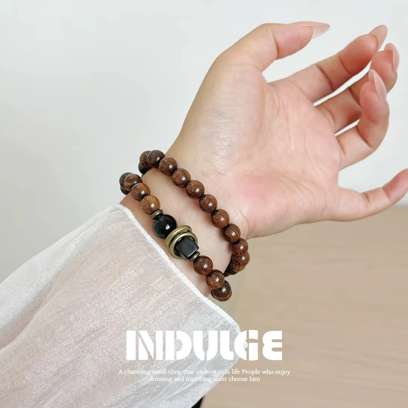 高级感国潮金丝檀木双圈手串爆款轻奢小众高级时尚百搭手链情侣款