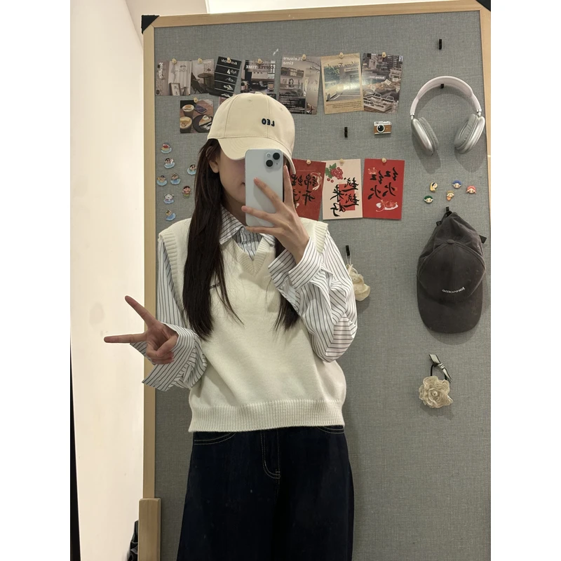 假两件拼接针织长袖衬衫女2025年春秋新款学院风时尚休闲百搭上衣