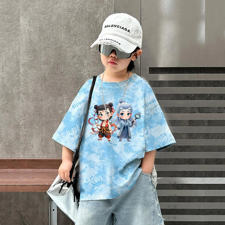 哪吒印花儿童2025新款夏季男女中小童短袖t恤扎染圆领百搭上衣
