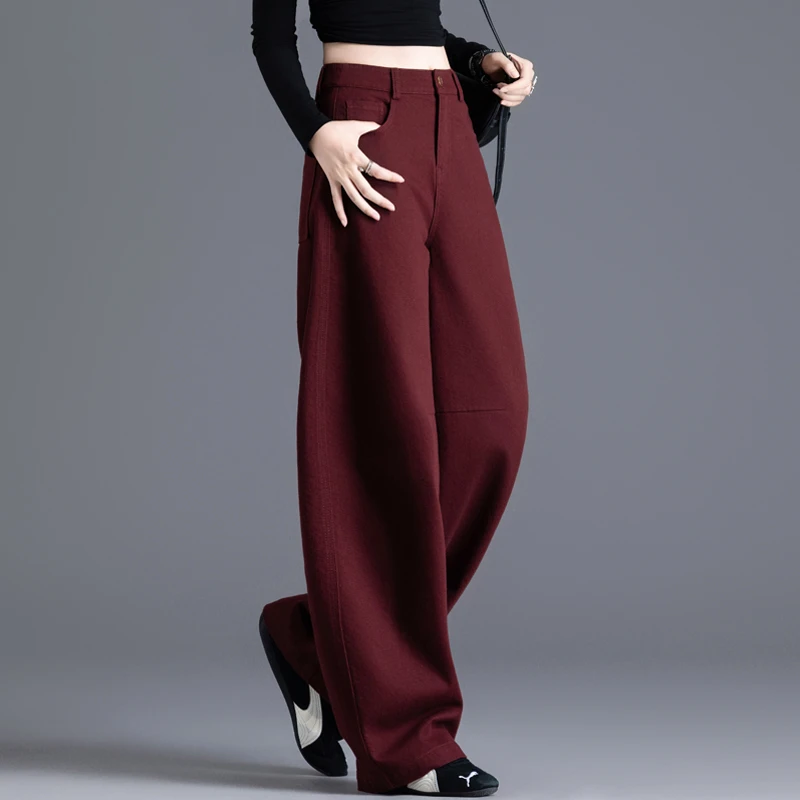 酒红色弯刀休闲裤2025新款秋冬女裤宽松香蕉镰刀小个子巨好看裤子