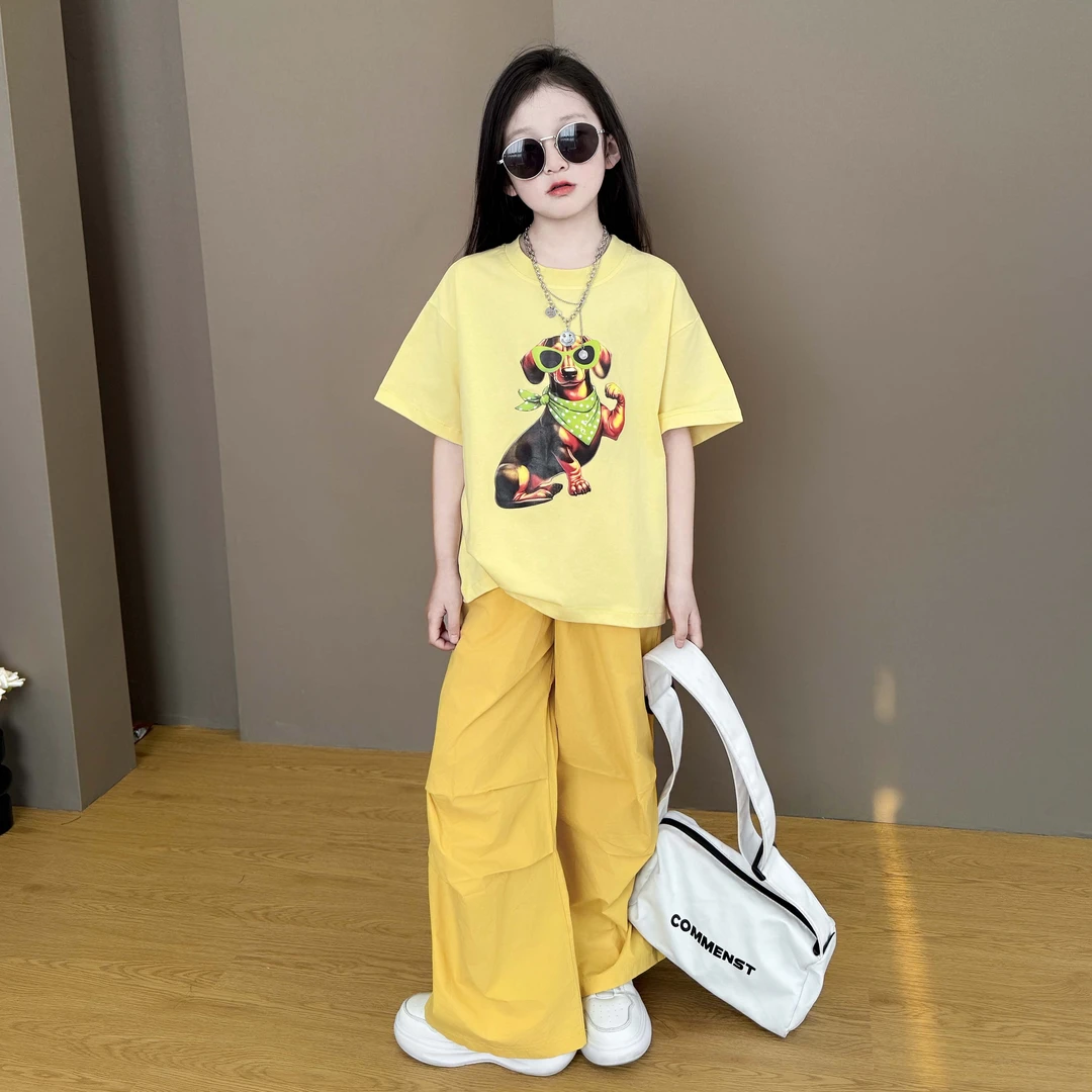 女童短袖套装2025网红时尚中大童夏款洋气T恤阔腿裤儿童装两件套