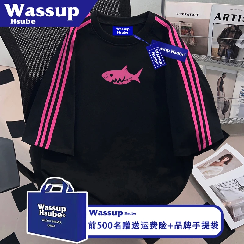 WASSUP HSUBE百搭小众男女款短袖ins夏季鲨鱼印花T恤纯棉重磅上衣