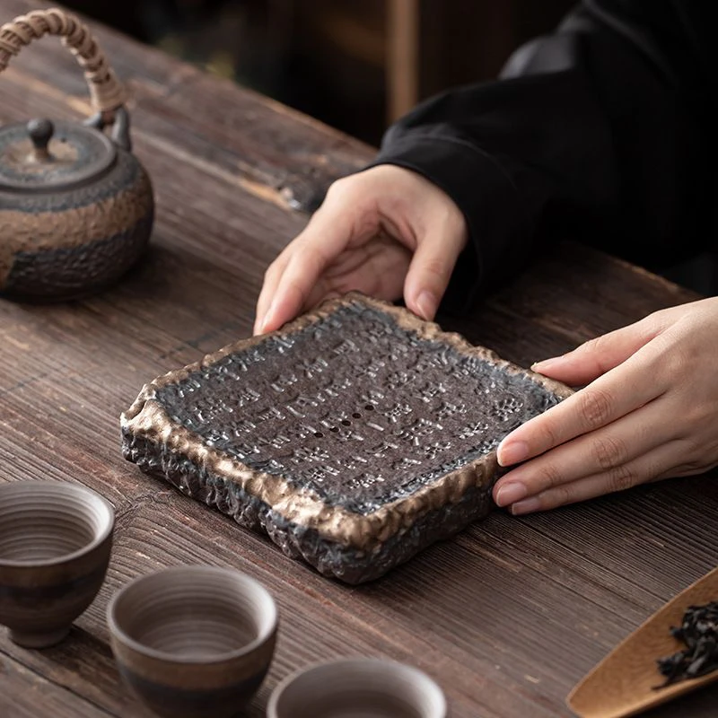 心经壶承日式鎏金铁釉小号粗陶壶承储水式干泡台壶垫壶托养壶茶盘