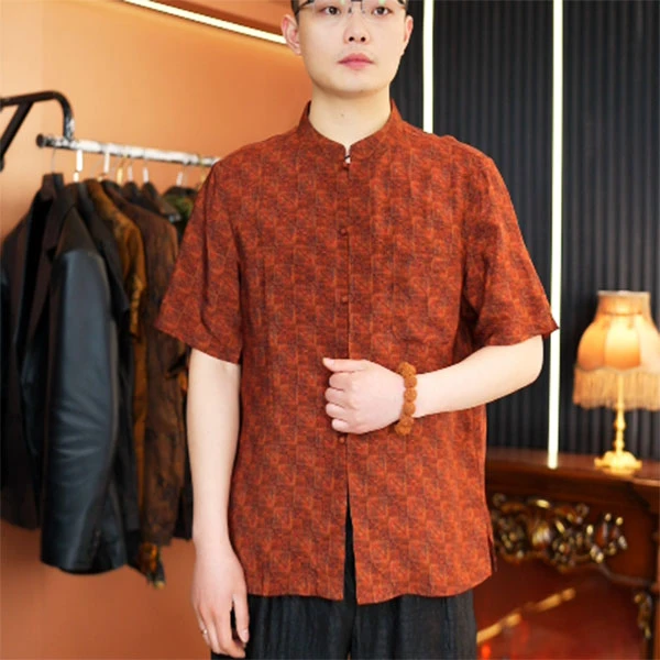 香云纱桑蚕丝男士休闲夏季复古中式中国风立领薄款老年半袖