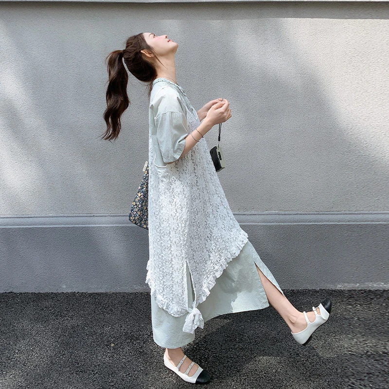 不规则吊带裙女2025夏新款日系文艺蕾丝罩衫宽松叠穿连衣裙