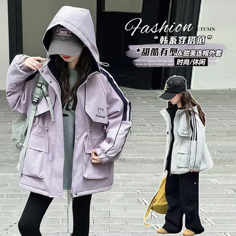女童秋冬款夹棉加厚收腰冲锋衣外套女大童时髦洋气儿童休闲外套潮
