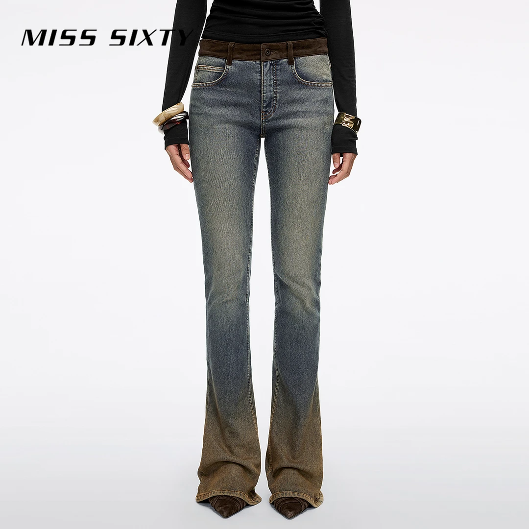 Miss Sixty2025冬季新款磨毛牛仔裤女泥染复古洗水修身显瘦喇叭裤