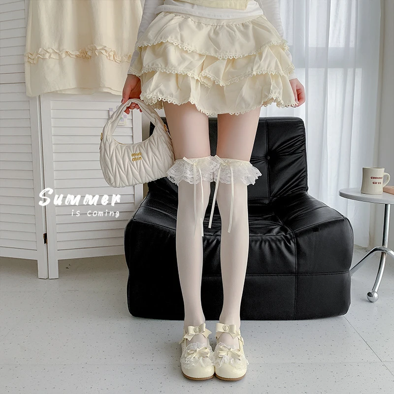 靴尚棉芭蕾风过膝袜女春夏蝴蝶结长筒洛丽塔蕾丝花边春秋大腿袜