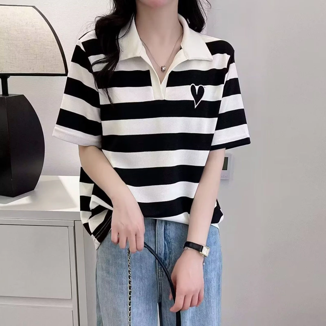 913#大码女装显瘦百搭夏季宽松时尚条纹减龄半袖休闲T恤