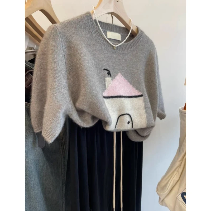 【房子短袖】灰色圆领春夏百搭气质小房子针织衫短袖女