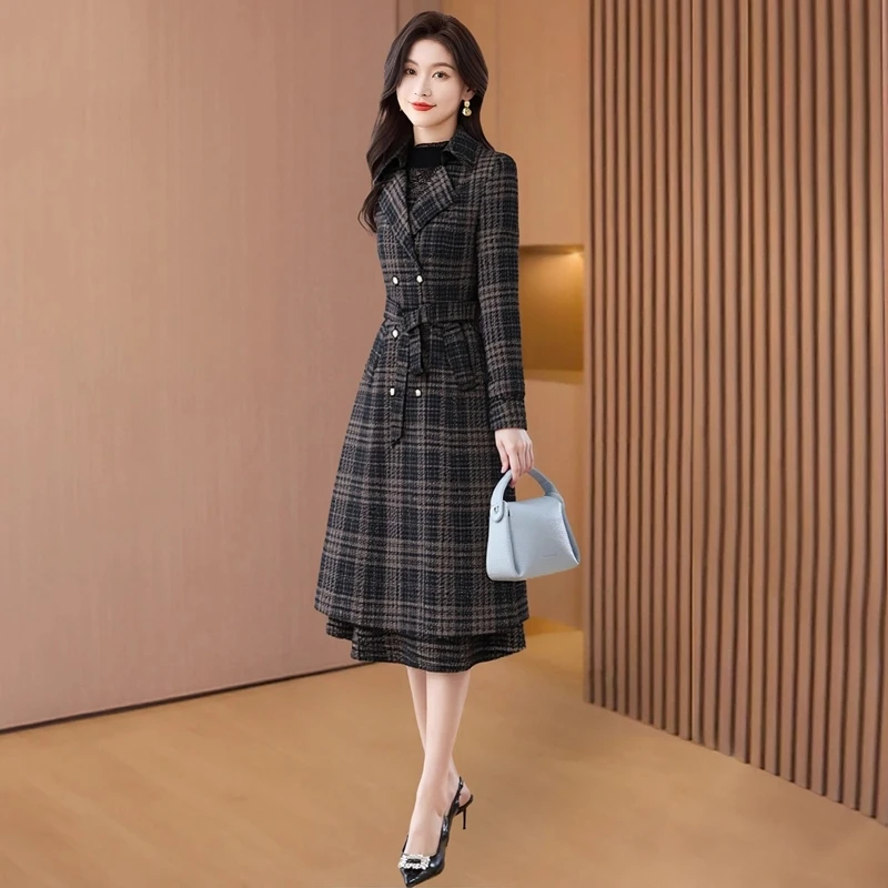 格子风衣外套两件套女春秋时尚气质中长款修身显瘦高级感毛呢大衣