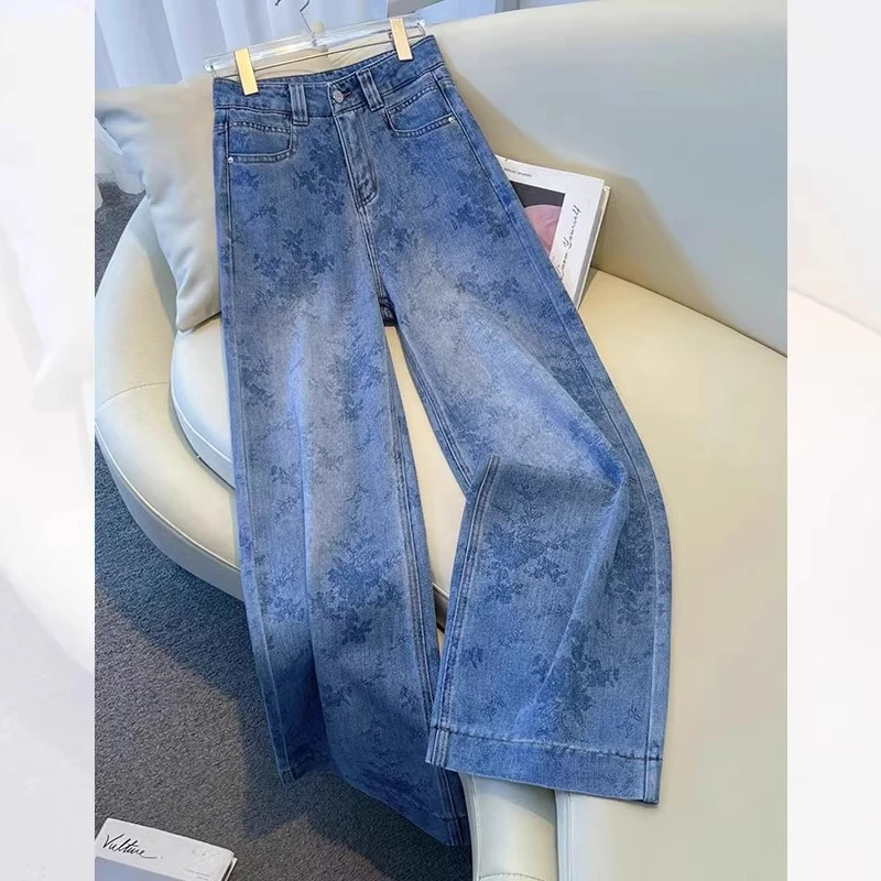 拉夏贝尔印花牛仔裤女春秋季2025年新款宽松显瘦设计感高腰直筒裤