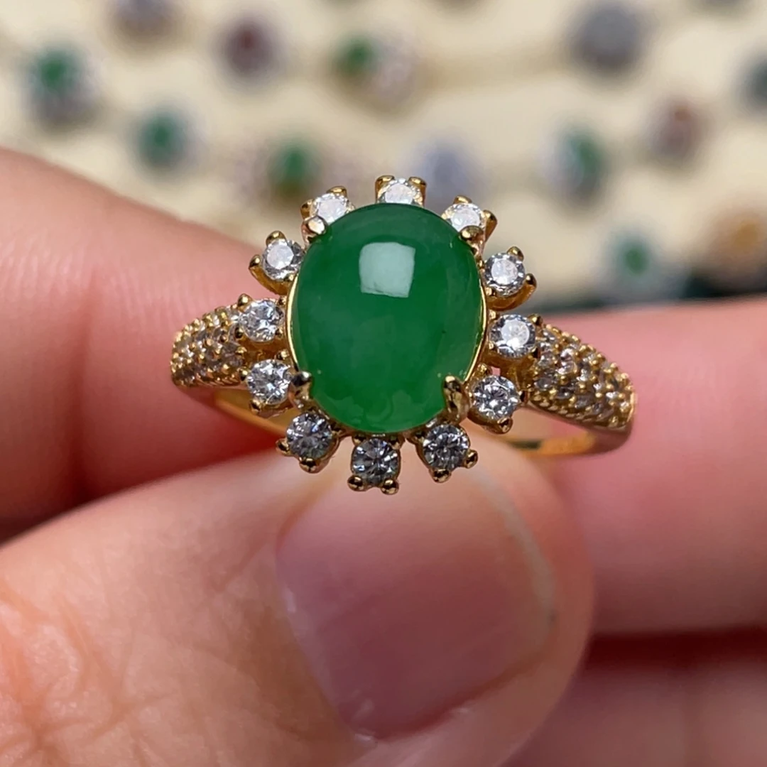 翡翠戒指银S925镶嵌纯天然缅甸翡翠