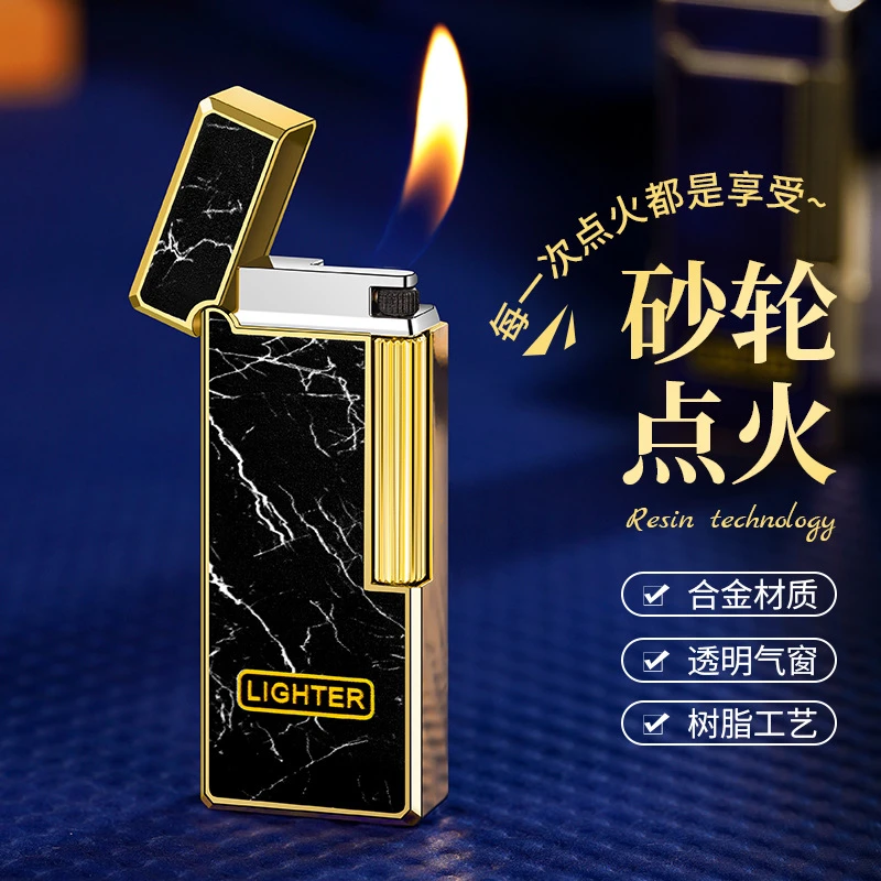 创意超薄充气砂轮明火打火机透明可视气窗高档男士商务礼物点烟器