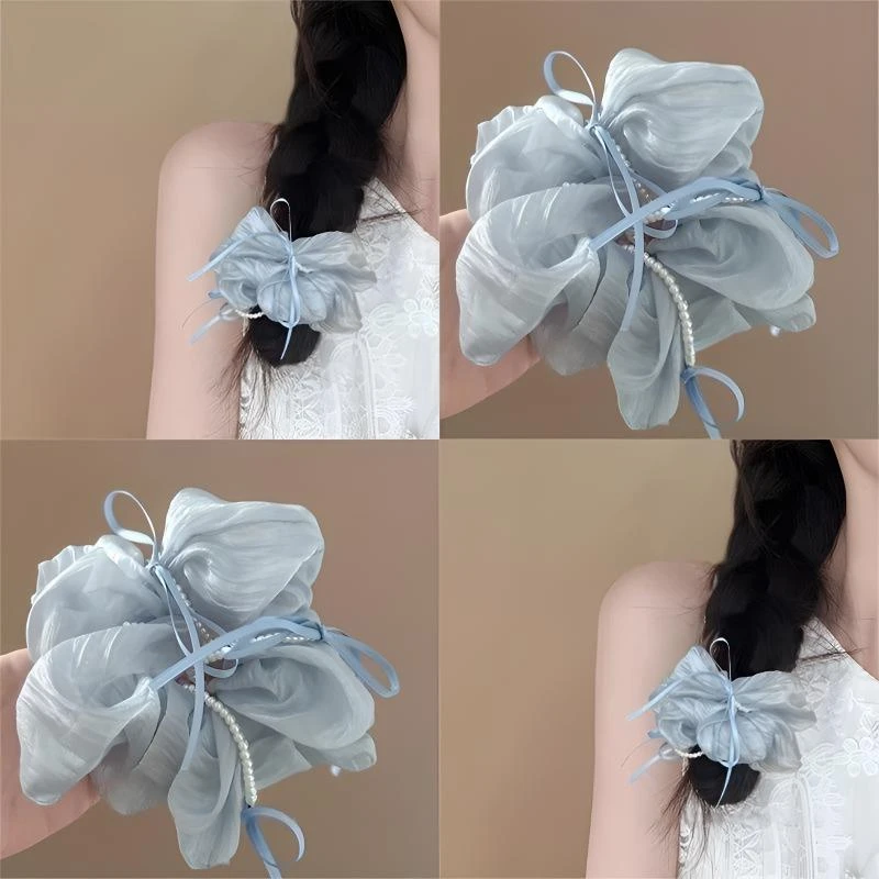 静谧星空蓝色蝴蝶结珍珠大肠发圈女高级感韩系缎面头绳发饰发饰