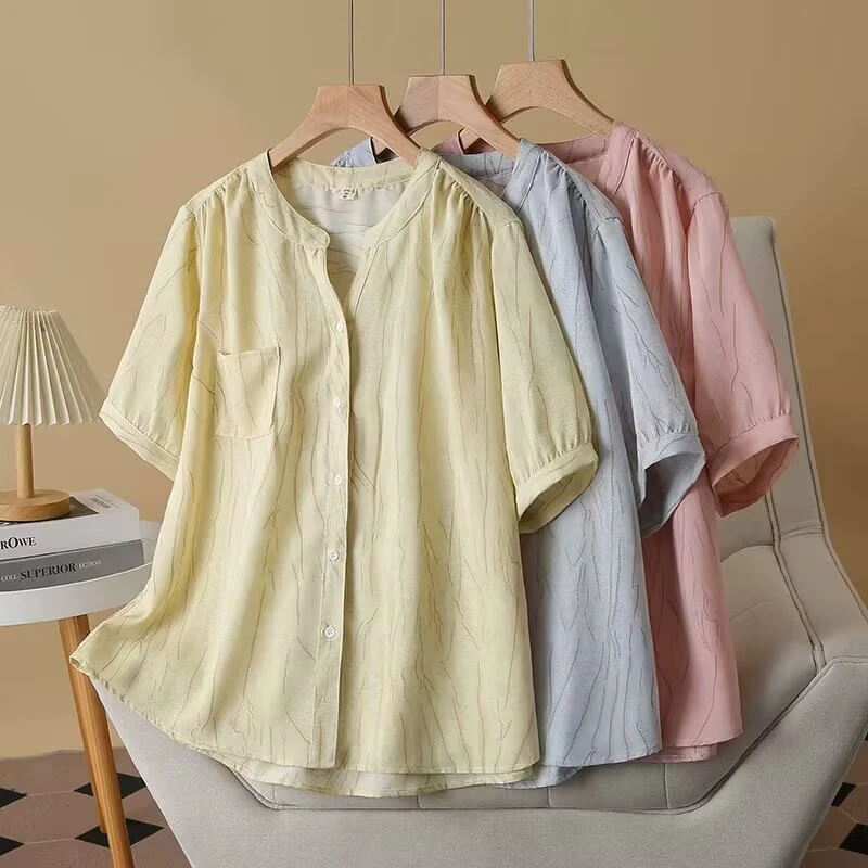 大码女装2025夏季新款时尚百搭显瘦V领短袖衬衫女宽松遮肚上衣潮