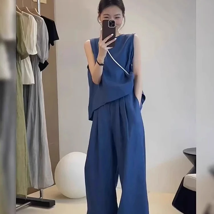 夏季时髦韩式简约休闲亚麻套装女减龄轻熟风无袖上衣阔腿裤两件套