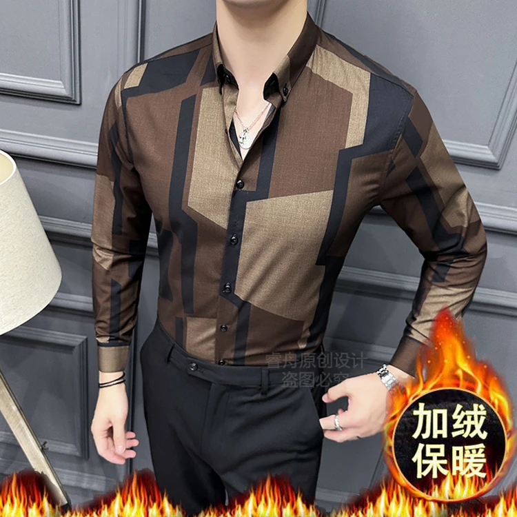 轻奢男士衬衫保暖衬衫修身冬季衬衫男士加绒长袖衬衣商务帅气潮流