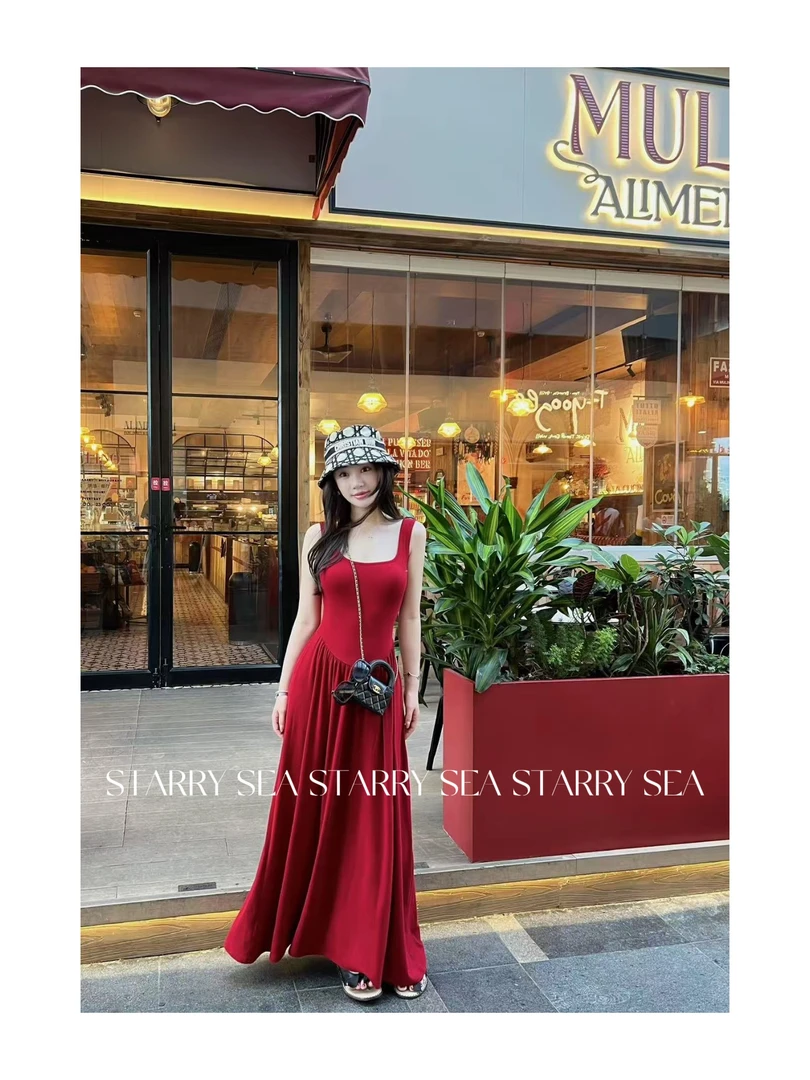 PP 【玫馥】复古吊带红色连衣裙无袖修身显瘦气质长裙#PP0098LYQ