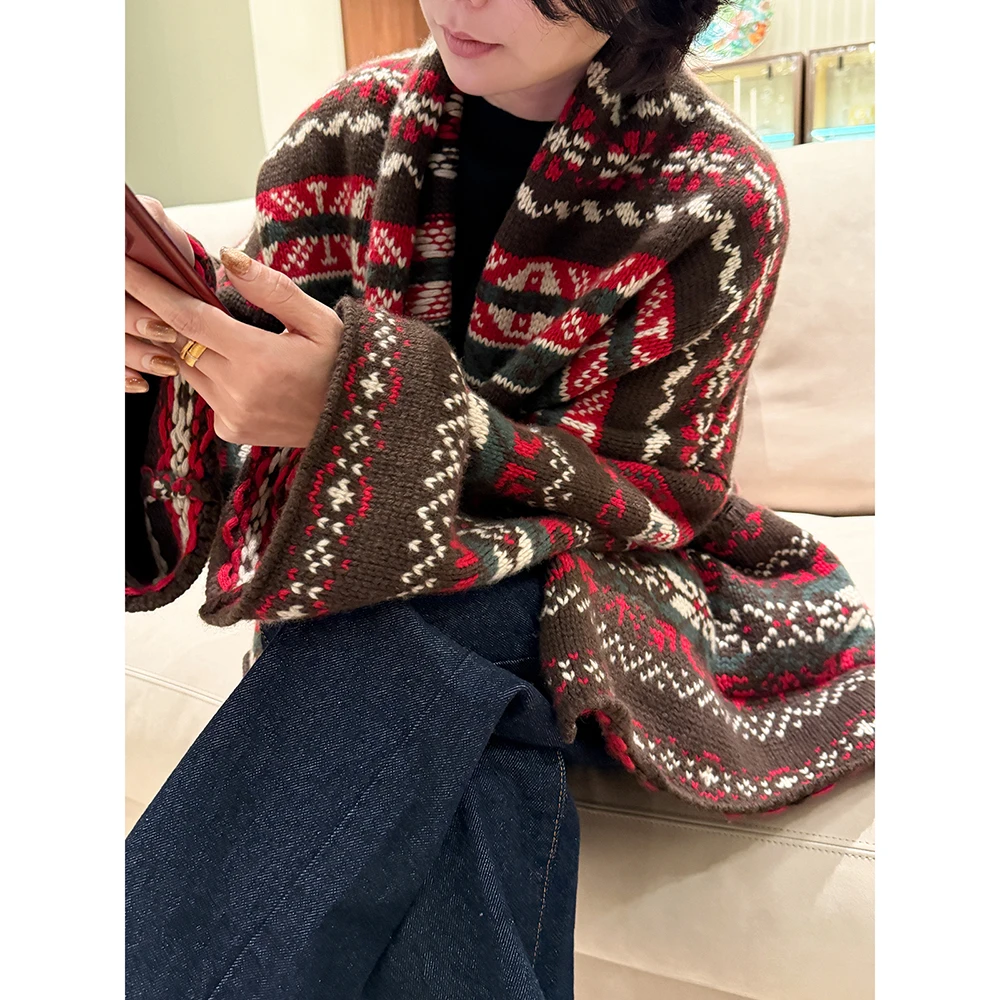 SHIIEELL费尔岛提花羊绒廓形毛针织衫女反季中长款针织开衫P2065