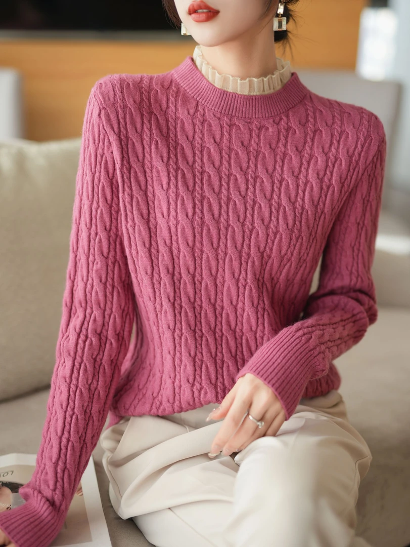 【芊荨精选】冬季新款百搭气质蕾丝麻花休闲针织衫S553#