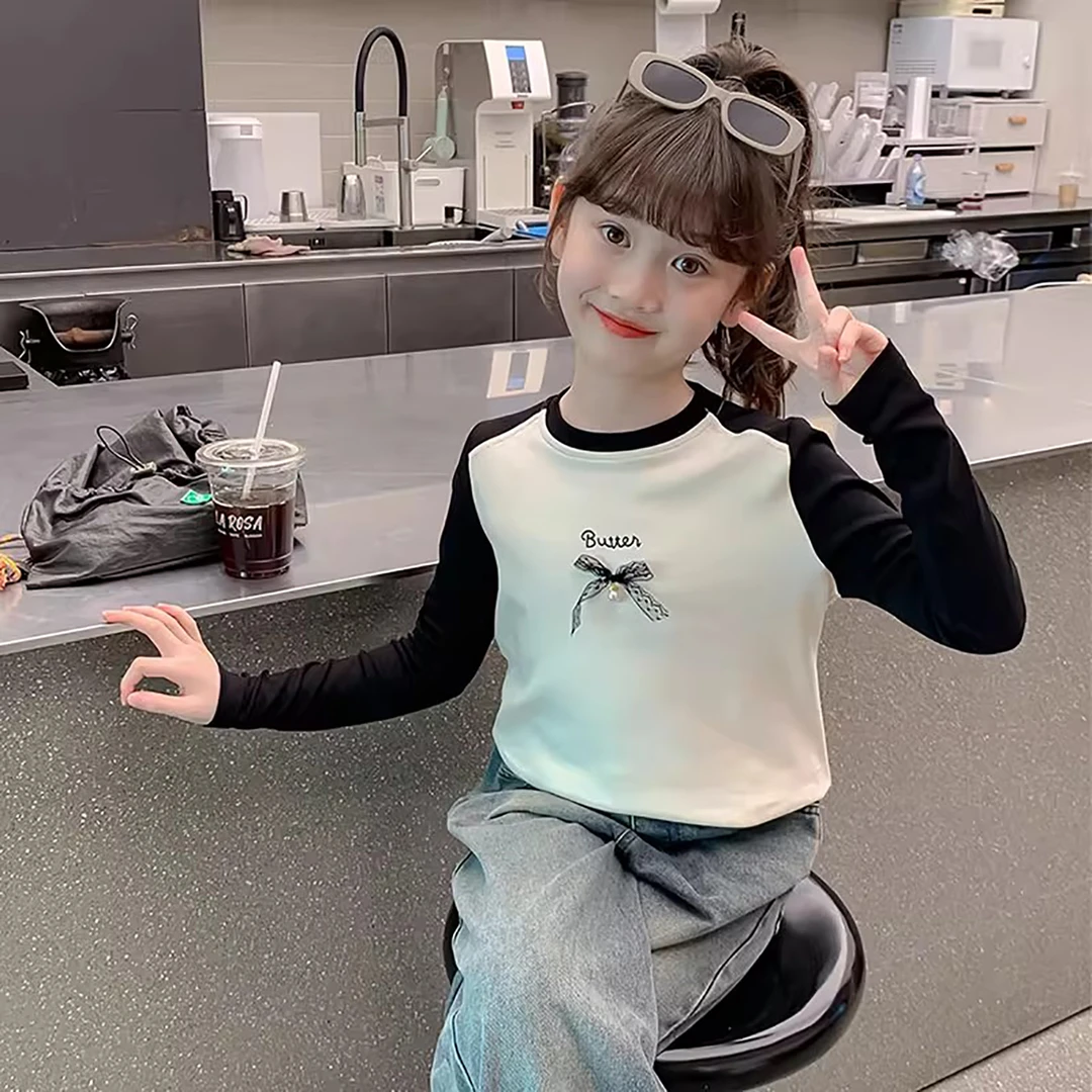 女童长袖t恤秋装2025新款儿童装纯棉打底衫秋季女大童蝴蝶结上衣