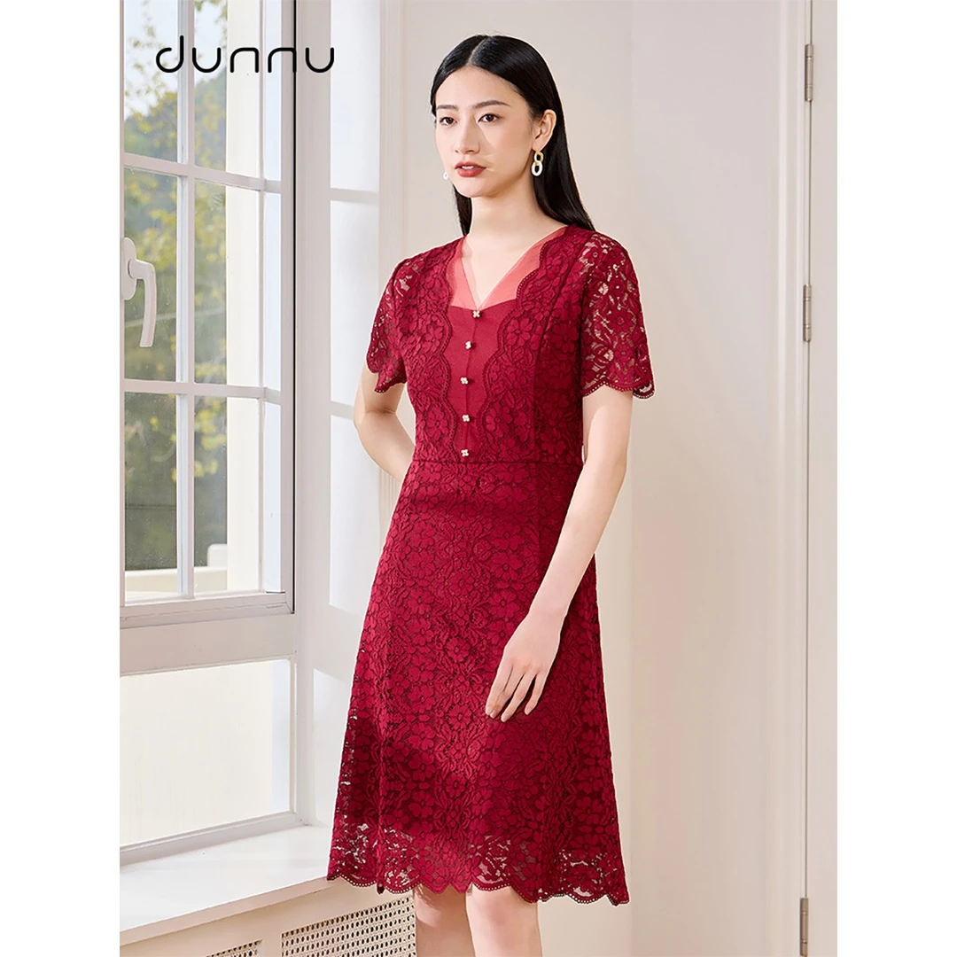 dunnu敦奴礼服新娘婚礼婚礼服红色蕾丝夏季DR250985