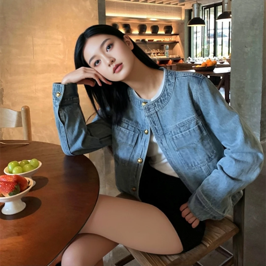 pusumed同款复古短款牛仔外套秋季新款圆领宽松显瘦休闲气质上衣