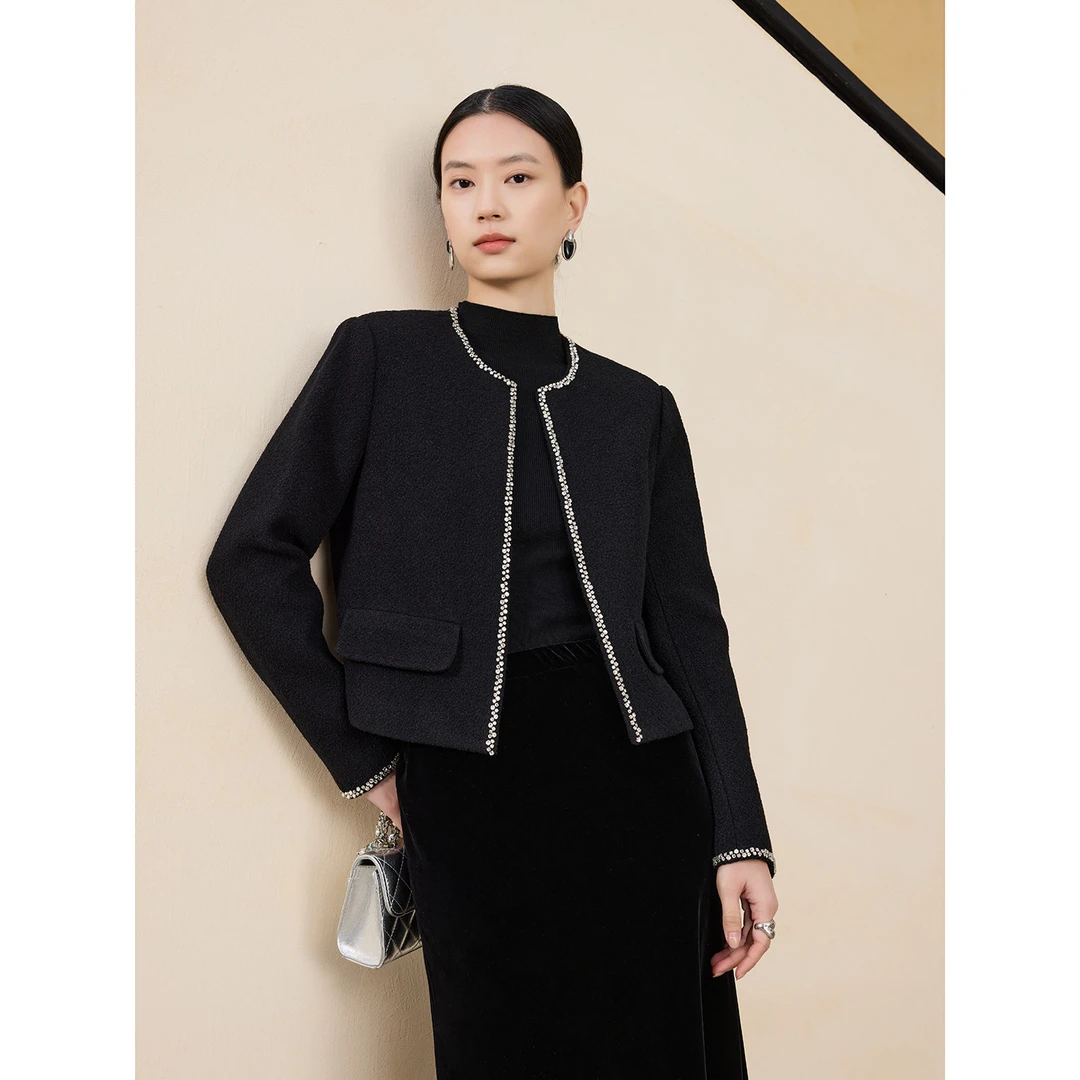 玛氏嘉敏CE版 纯手工钉钻羊毛轻奢小香风外套 精致短上衣632228