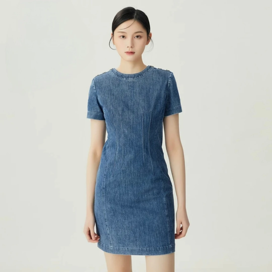 阿玛施AMASS复古俏皮收身牛仔短袖洋装纯色短袖连衣短裙5500457