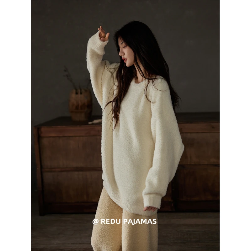 热妒半边绒睡衣女秋冬季长袖纯色高级感加厚保暖珊瑚绒家居服套装