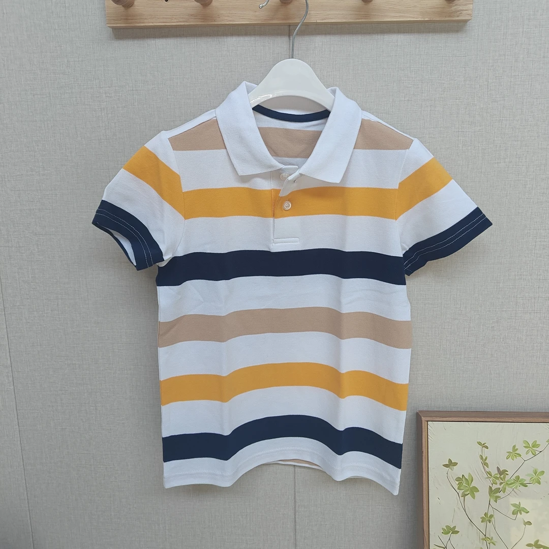 条纹中性学院男短袖修身方领T恤男童撞色上衣翻领