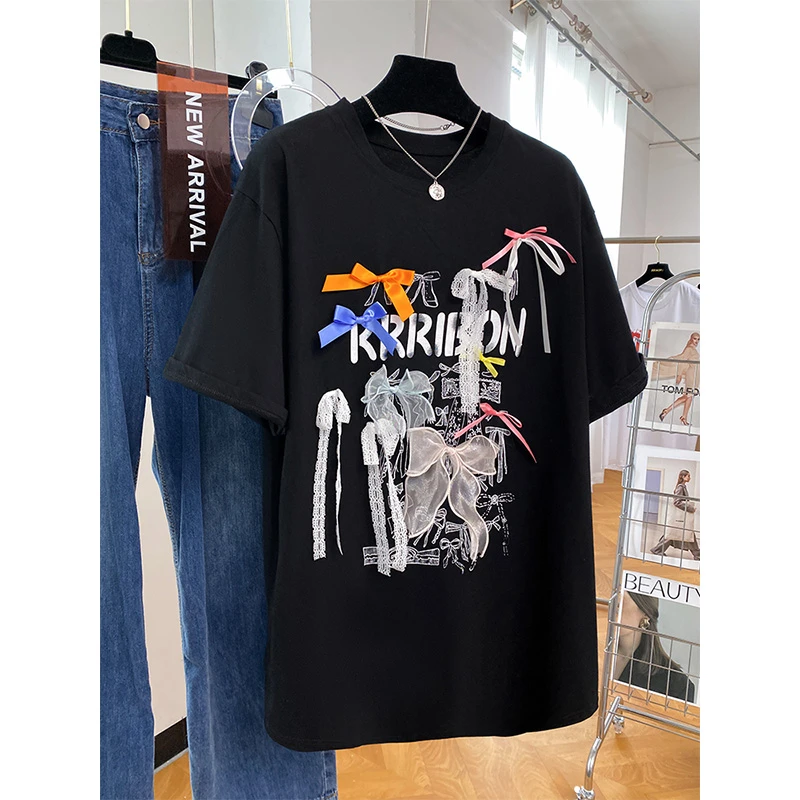 黑色短袖t恤女宽松大码韩版ins2025夏季新款设计感蝴蝶结丝带上衣