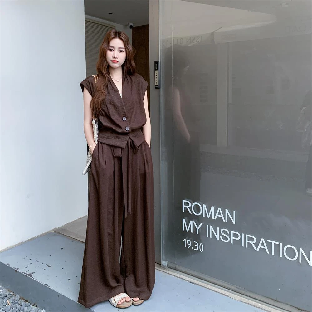 老钱风咖色无袖马甲阔腿裤套装女夏流行绝美两件套大方得体爆款