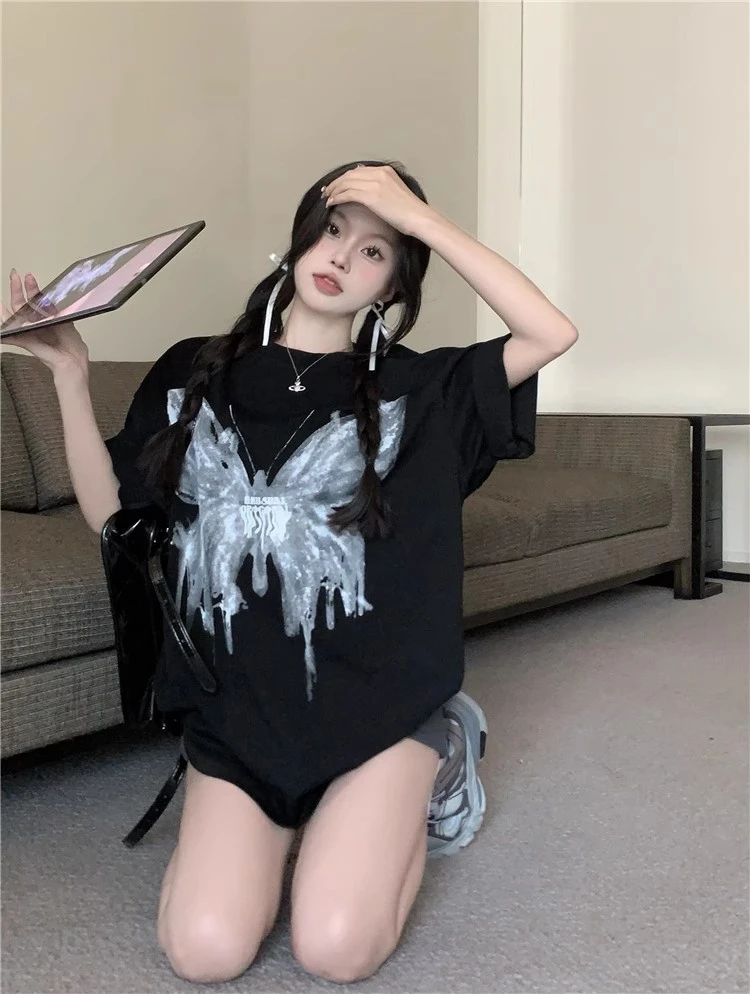 美式2-300斤潮牌短袖t恤夏季宽松胖MM大码女装显瘦设计感百搭上衣