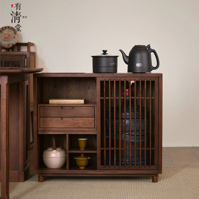 有清堂新中式实木茶水柜茶边柜黑胡桃木家用客厅简约茶叶烧水茶柜