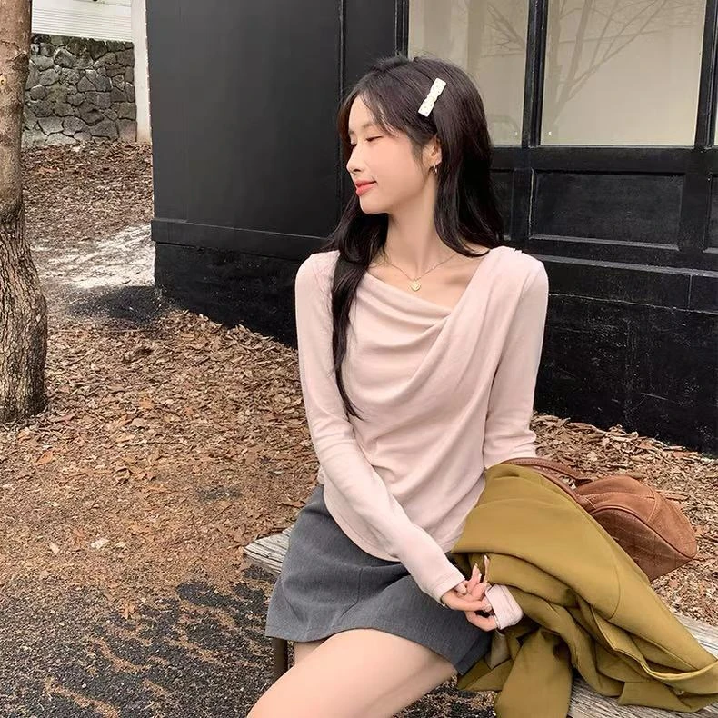 【毛毛专属】荡领斜肩设计感修身纯色薄款上衣