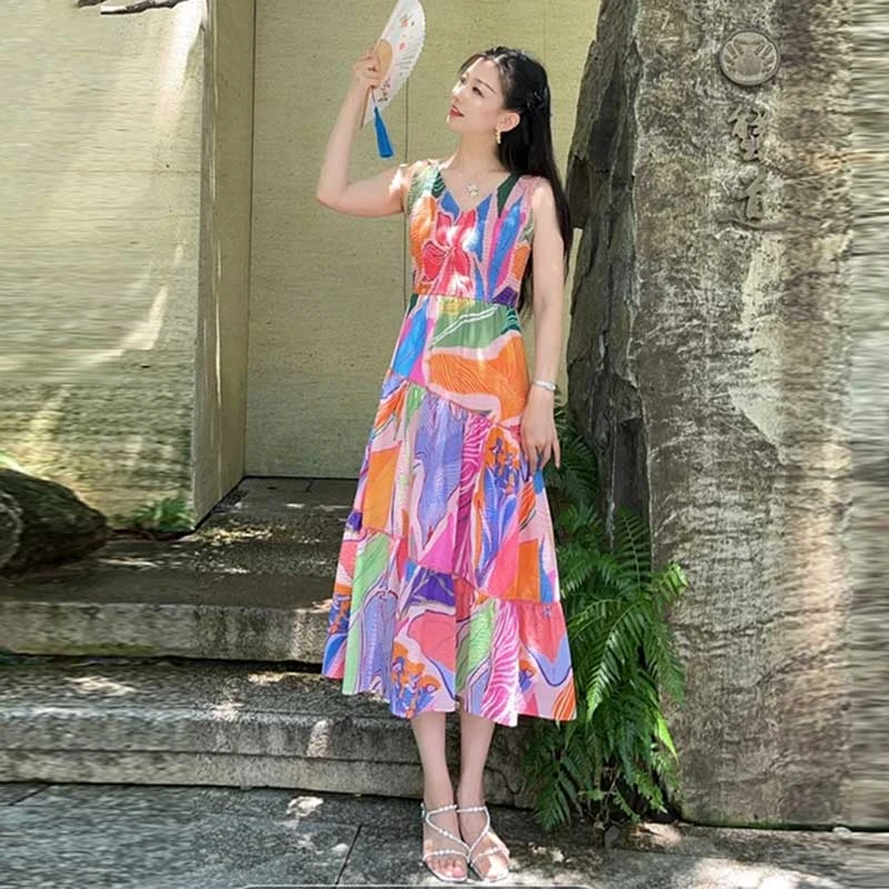 {专柜}商场同款2025夏季百搭显瘦收腰彩虹印花无袖连衣裙1500507