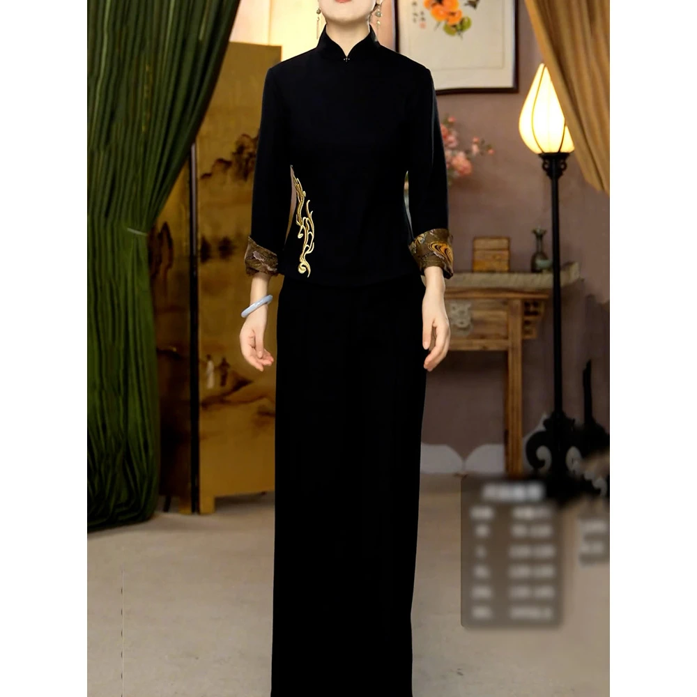 新中式高级感黑色裤套装女2026春季新款贵夫人收腰显瘦衬衫+裤子