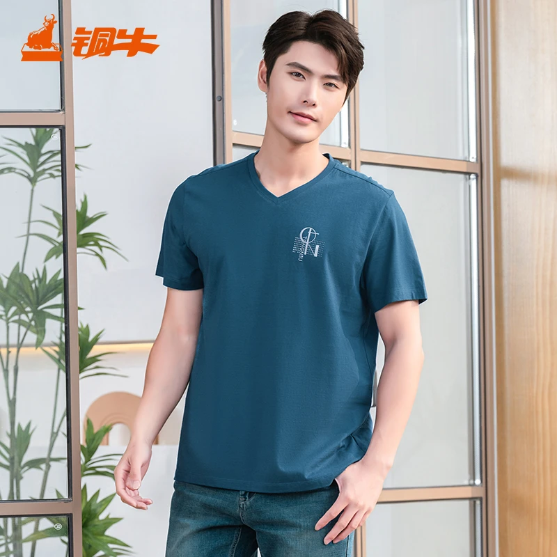 铜牛冰爽棉V领半袖男衫2025春夏新款休闲纯色t恤男短袖T恤NS141