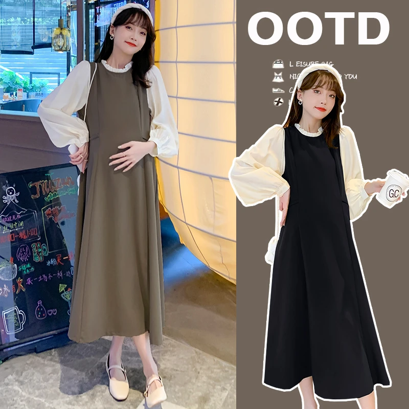 2025时尚宽松孕妇连衣裙春秋款秋季时尚长裙孕妇裙子假两件套装潮