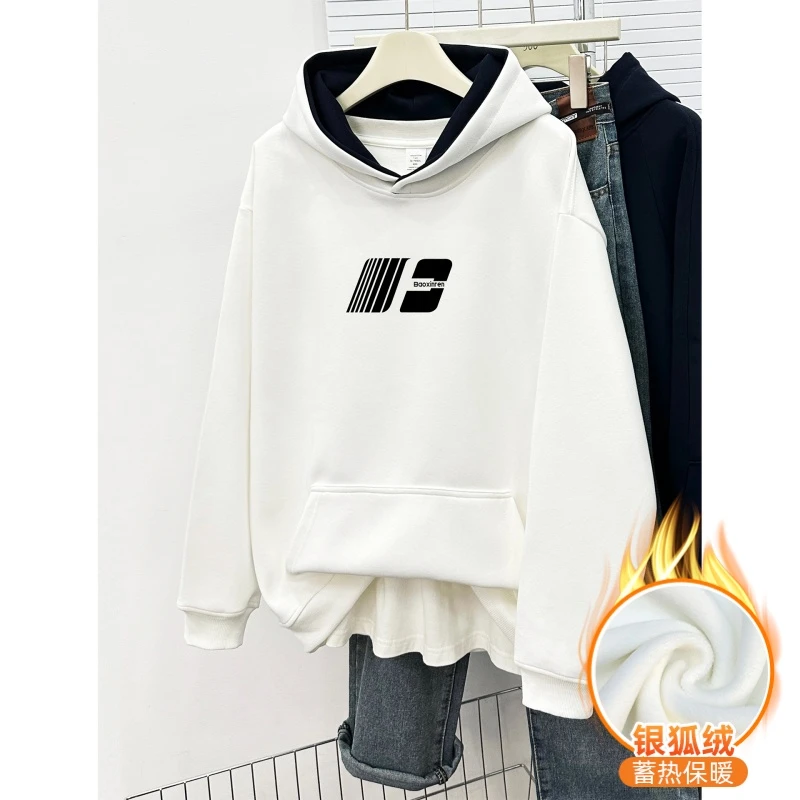 设计感撞色连帽套头卫衣女秋冬季加绒加厚中长款宽松大码潮牌外套