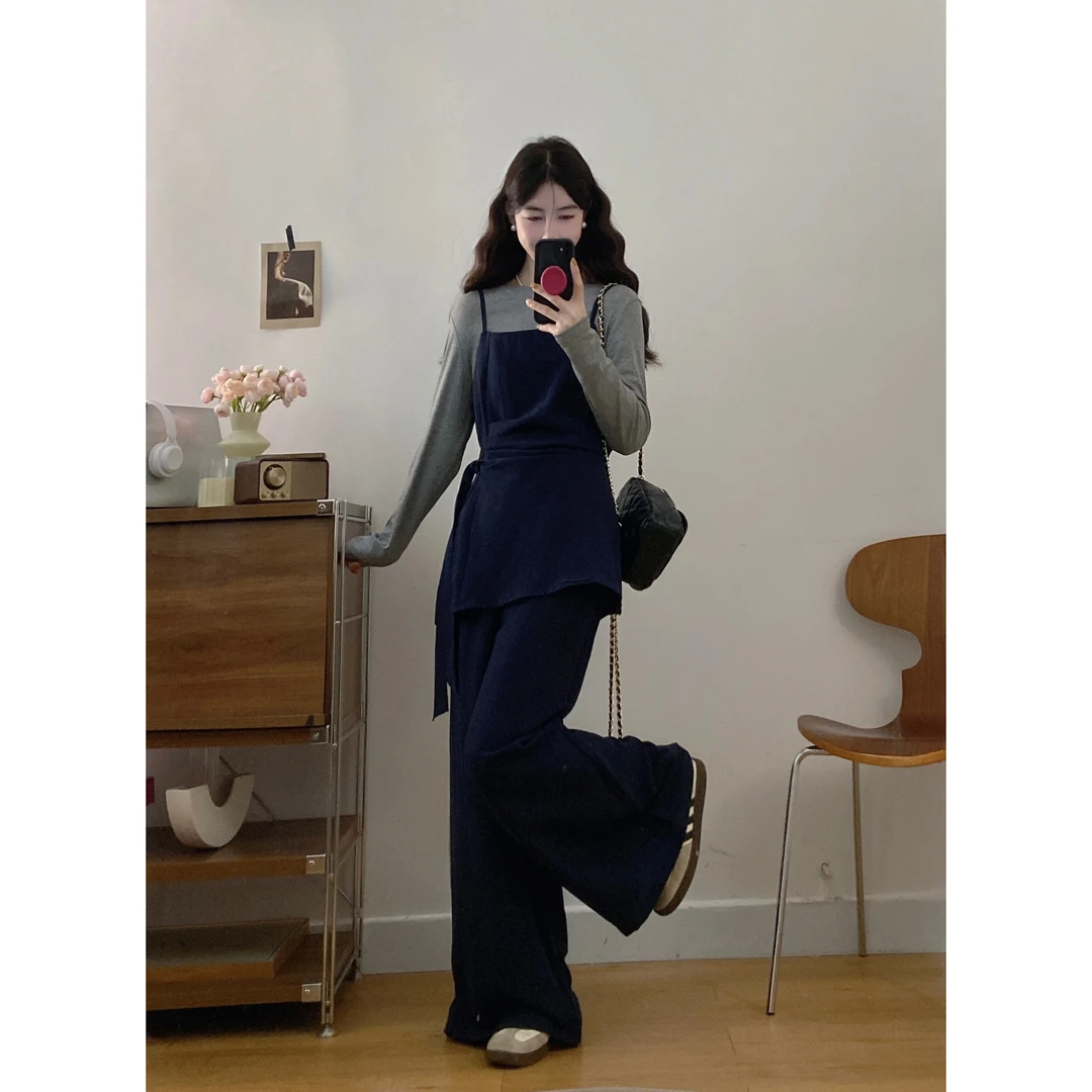 实拍大码2025秋季新款胖mm时尚百搭绑带上衣吊带高腰显瘦三件套女