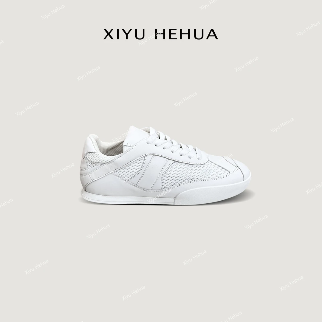 2025春夏新款休闲鞋真皮圆头平底运行鞋德训鞋内增高女小白鞋