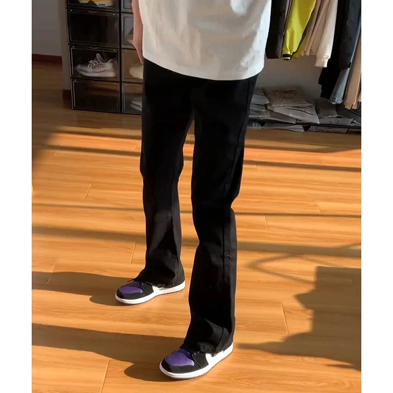 美式潮牌黑色弹力牛仔裤男美式高街vibe直筒长裤修身显瘦微喇裤子