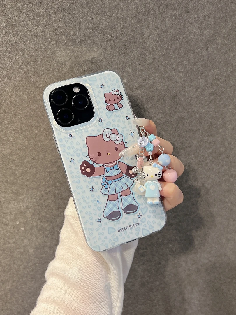 可爱蓝豹纹长腿Kitty适用苹果16promax双层iphone15挂件14手机壳