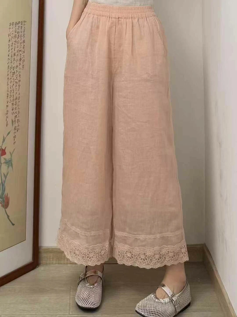 文艺复古苎麻下摆刺绣拼接高腰显瘦宽松飘逸九分阔腿裤女GY30275