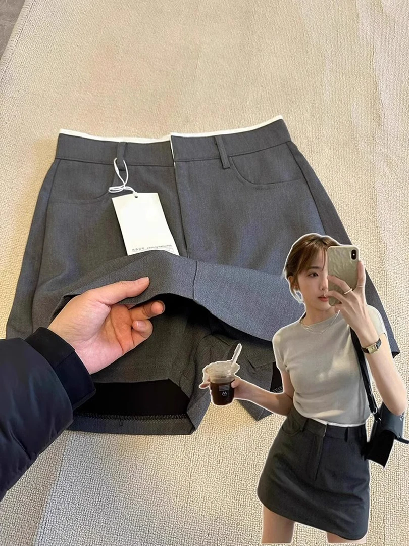 灰色高腰显瘦高级西装半身裙女夏季2025新款小个子短款防走光裤裙