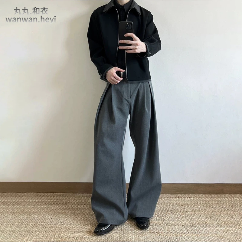 【丸丸和衣】立体工字褶字廓形弯刀西裤混纺通勤垂坠休闲长裤